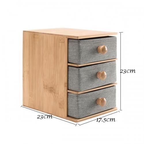 Bamboo desktop storage box with 3 canvas drawers